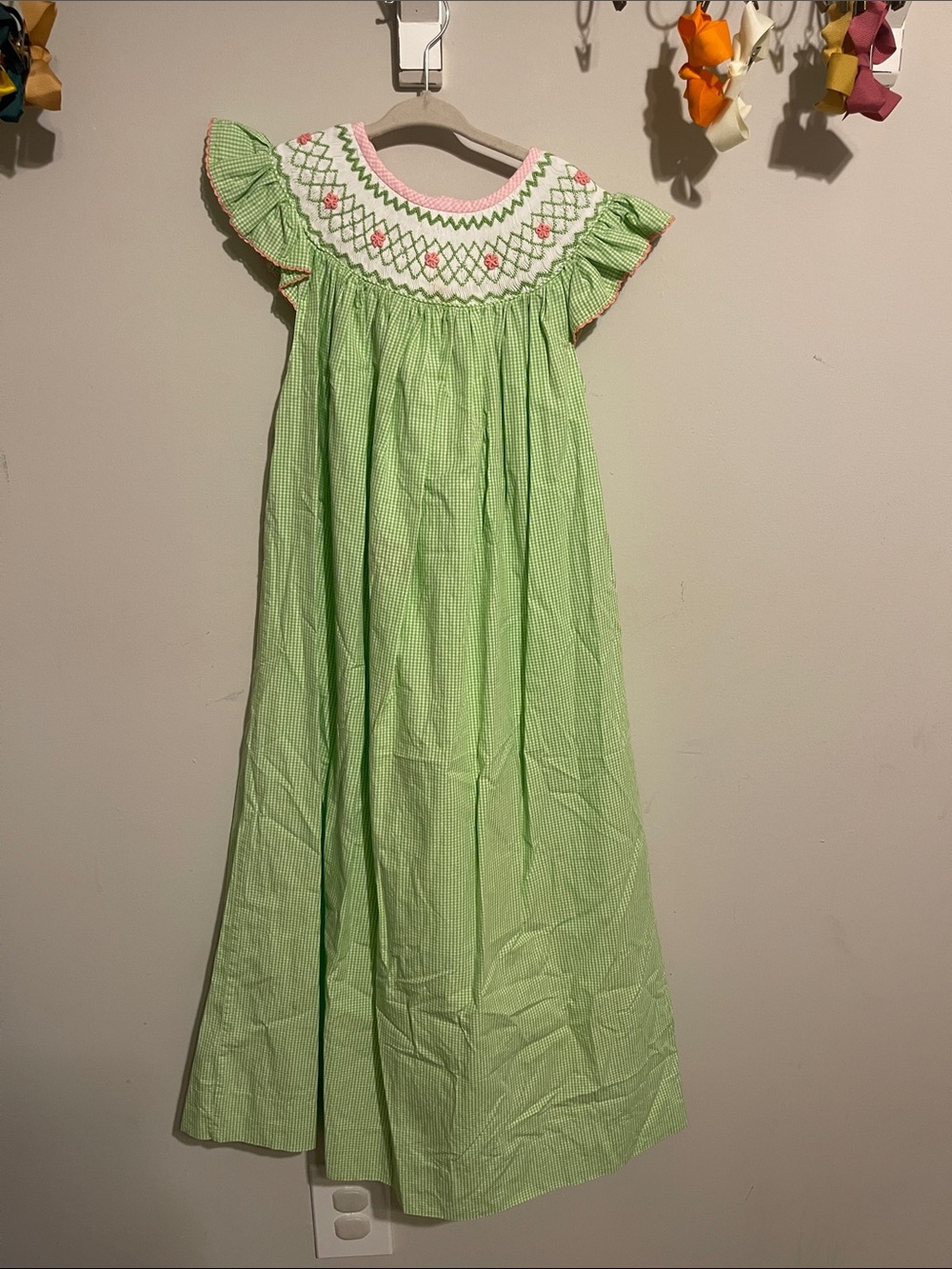 Girls Green Smocked long Dress smock money size 10
